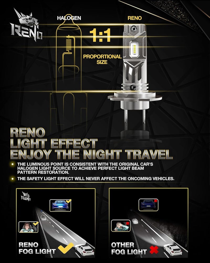 Reno H7 Bulb, H7 Fog Light 6500K White Fanless In Line Auxiliary Fog Bulbs Plug and Play, Pack of 2 - Image 4